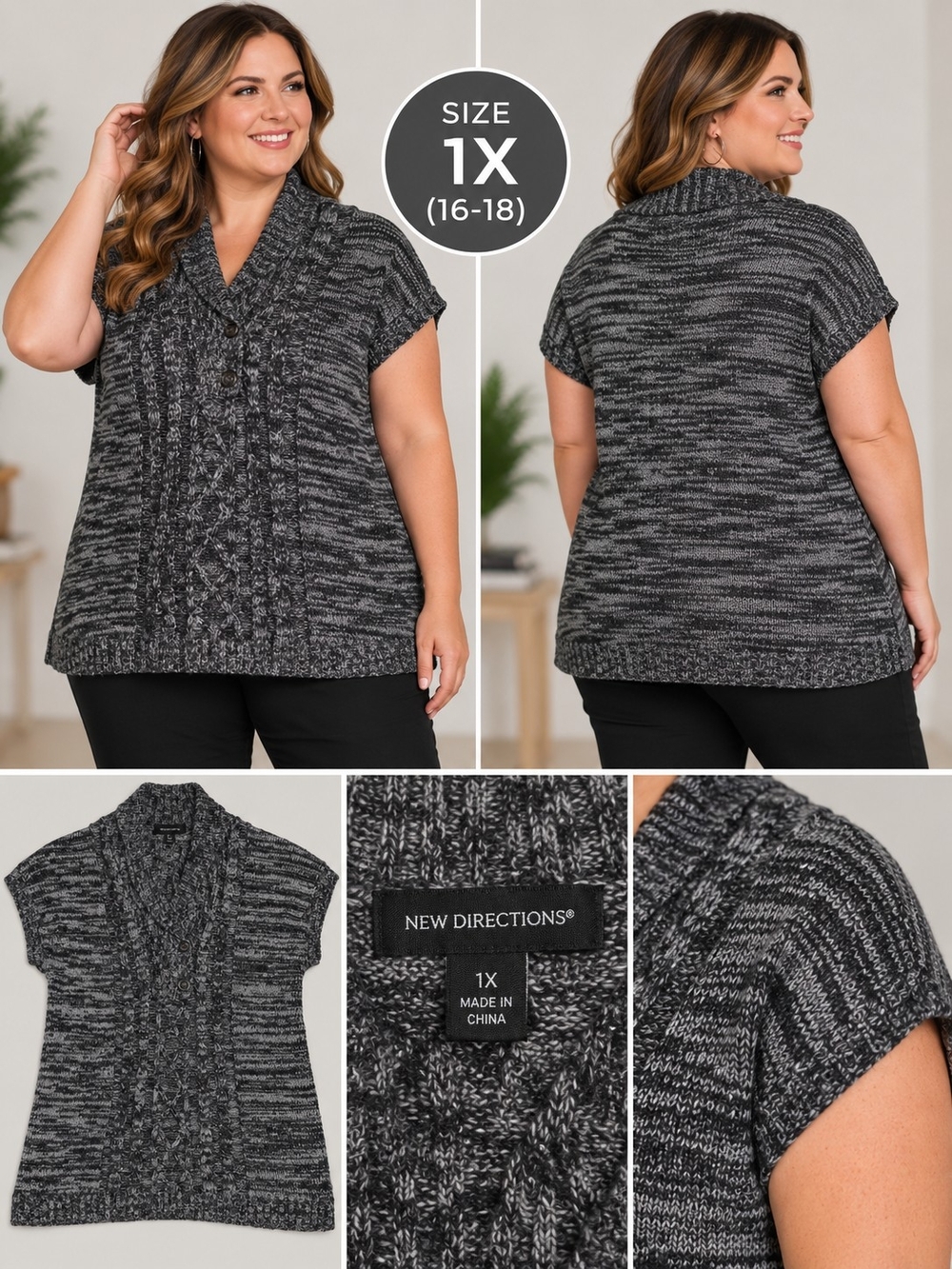 New directions Women's 1X grey knit short sleeve sweater #32